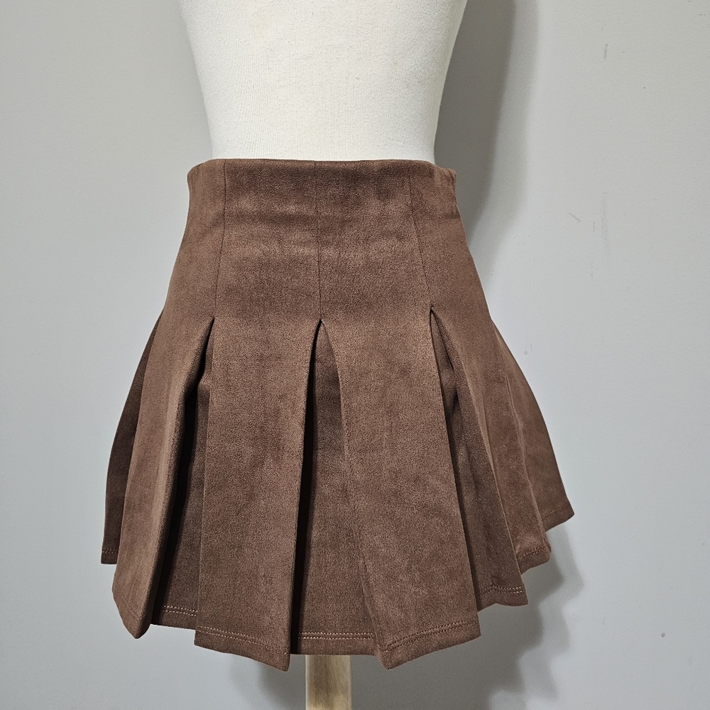 Shinestar Brown Faux Suede Pleated Mini Skirt Tennis Y2K Dark Academia Small